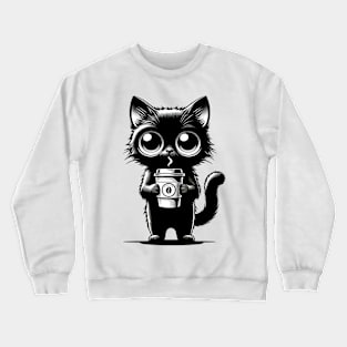 Cute Black Cat With Coffee Cup Chibi Kawaii Character Crewneck Sweatshirt